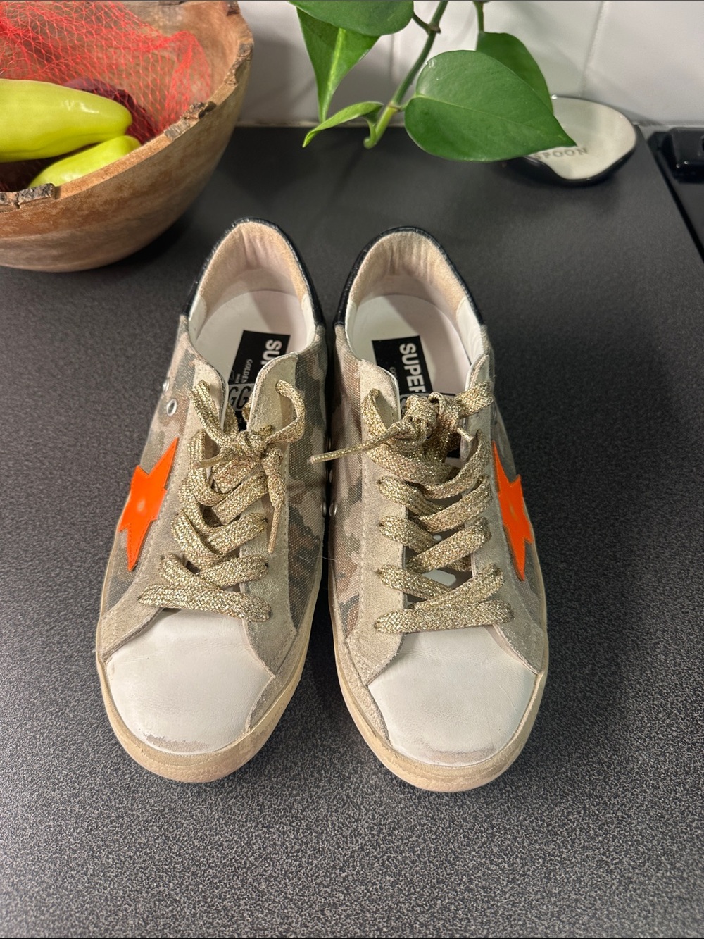 Golden Goose Super-Star Camo Sneakers with Orange Star - Gold Laces - Picture 2 of 6